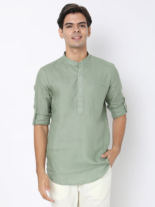 Matchles Men's Sage Green Linen Solid Kurta