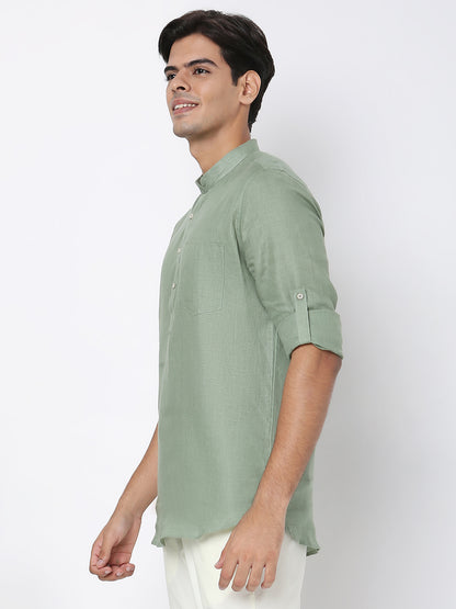 Matchles Men's Sage Green Linen Solid Kurta