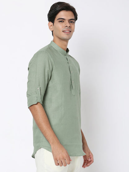 Matchles Men's Sage Green Linen Solid Kurta