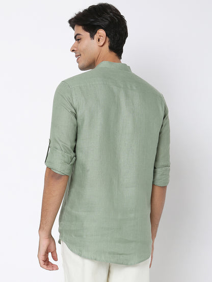 Matchles Men's Sage Green Linen Solid Kurta