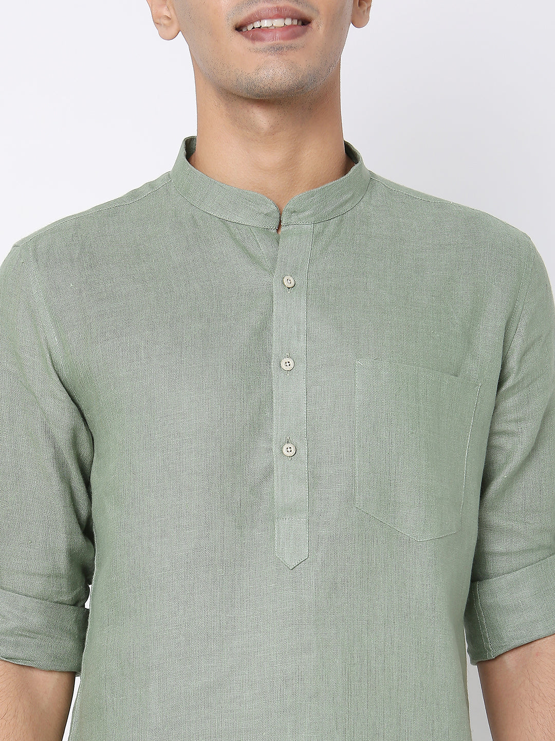Matchles Men's Sage Green Linen Solid Kurta