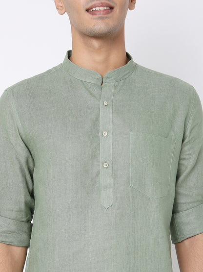 Matchles Men's Sage Green Linen Solid Kurta