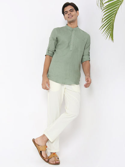 Matchles Men's Sage Green Linen Solid Kurta
