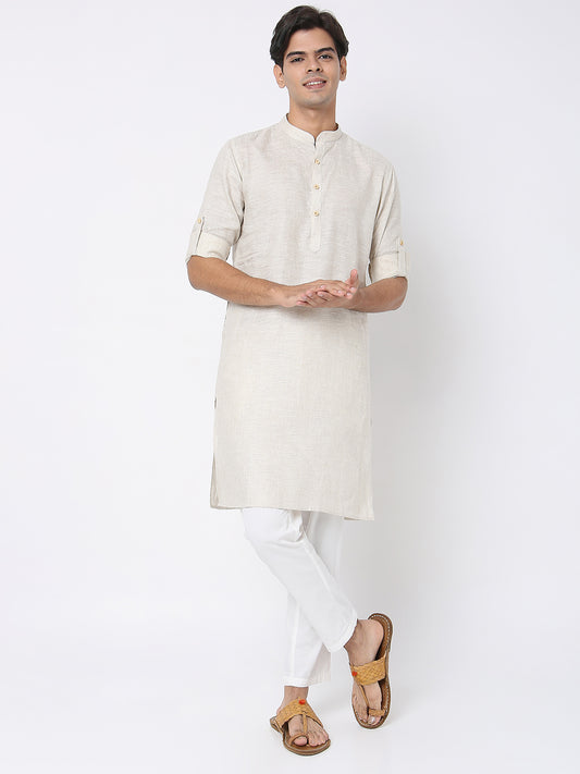 Matchles Men's Off White Linen Solid Kurta