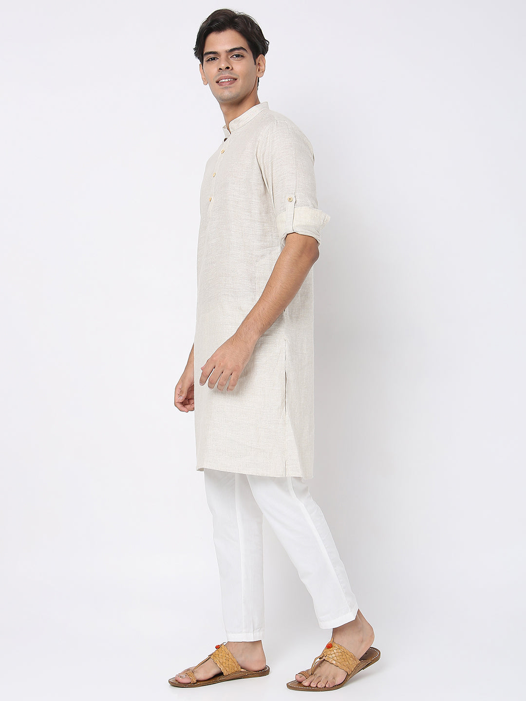 Matchles Men's Off White Linen Solid Kurta