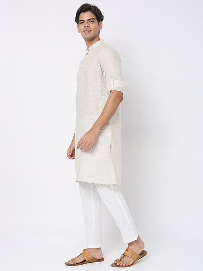 Matchles Men's Off White Linen Solid Kurta