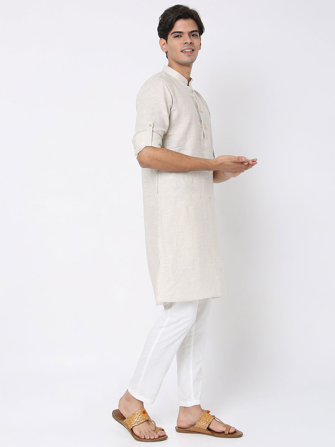 Matchles Men's Off White Linen Solid Kurta