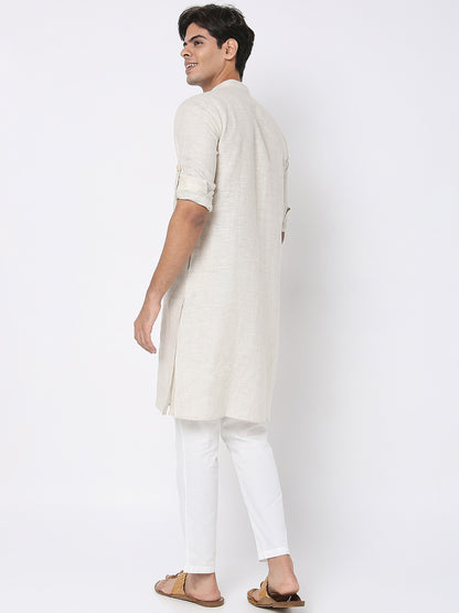 Matchles Men's Off White Linen Solid Kurta