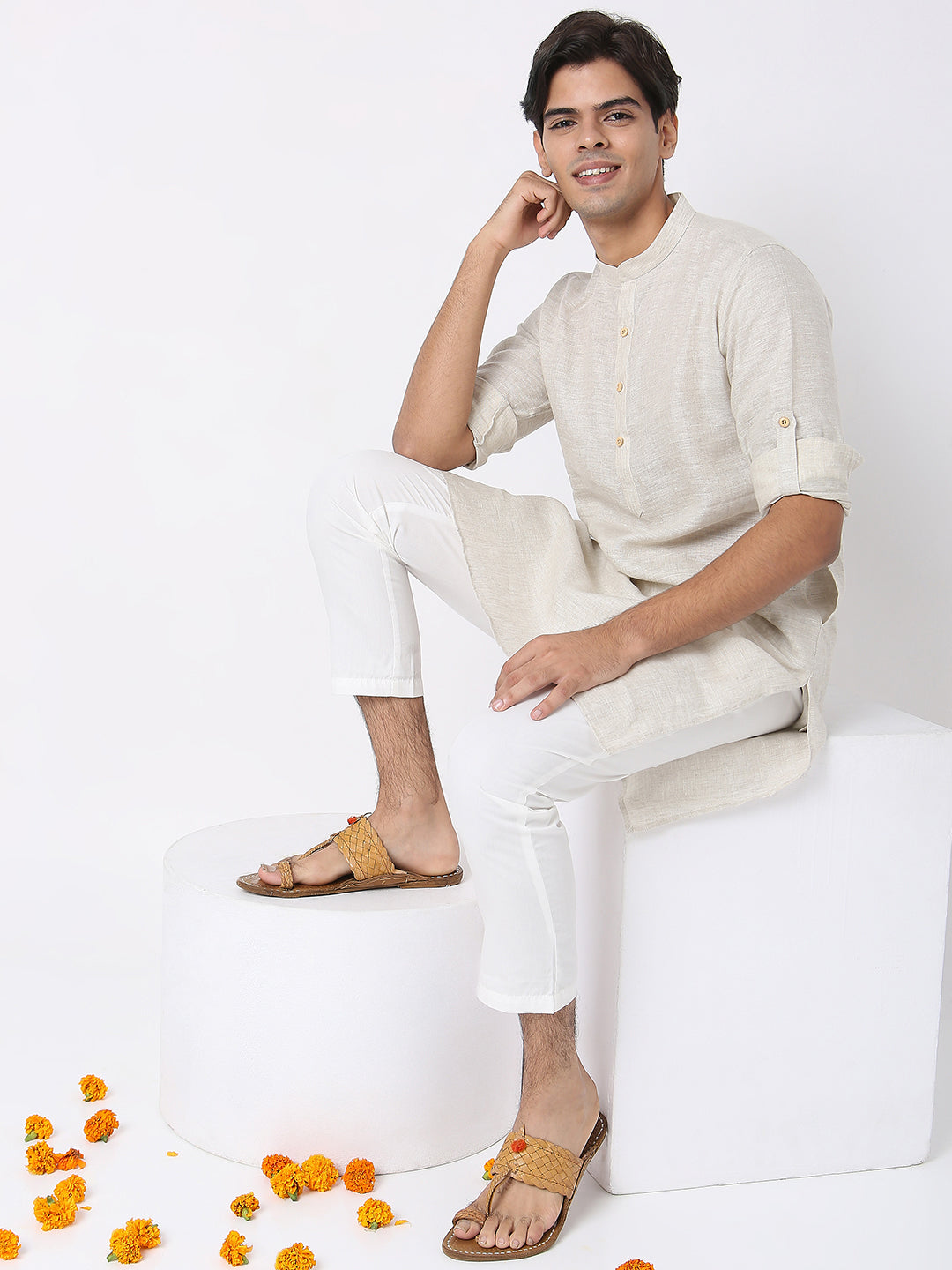 Matchles Men's Off White Linen Solid Kurta