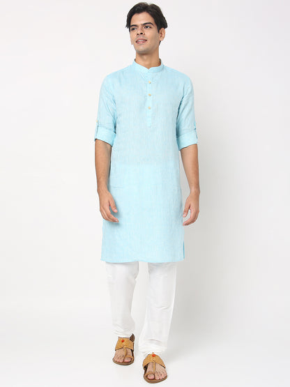 Matchles Men's Sky Blue Linen Solid Kurta