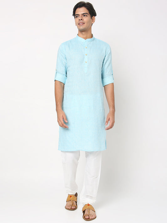 Matchles Men's Sky Blue Linen Solid Kurta