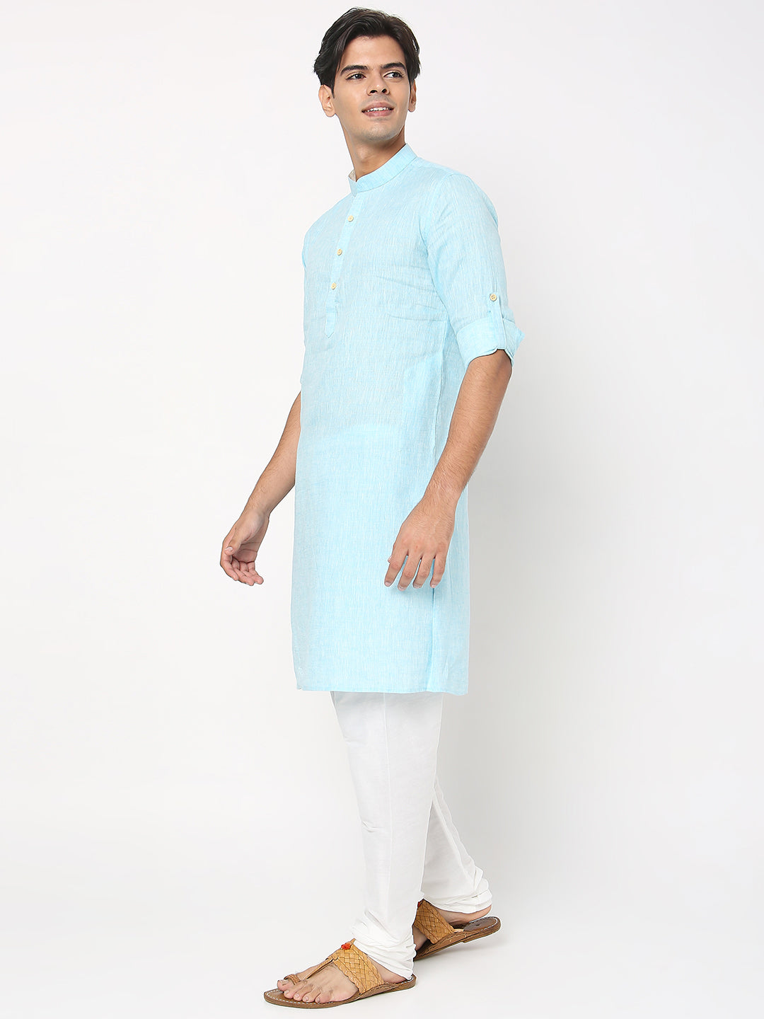 Matchles Men's Sky Blue Linen Solid Kurta
