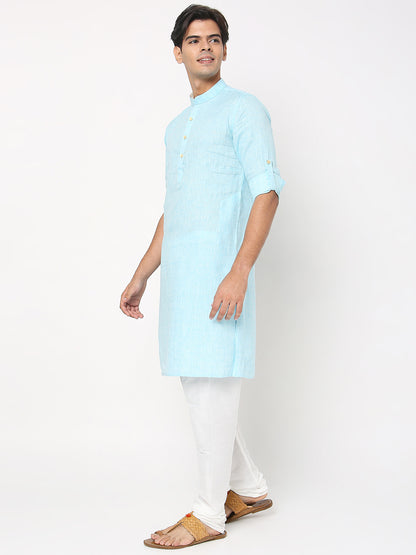 Matchles Men's Sky Blue Linen Solid Kurta