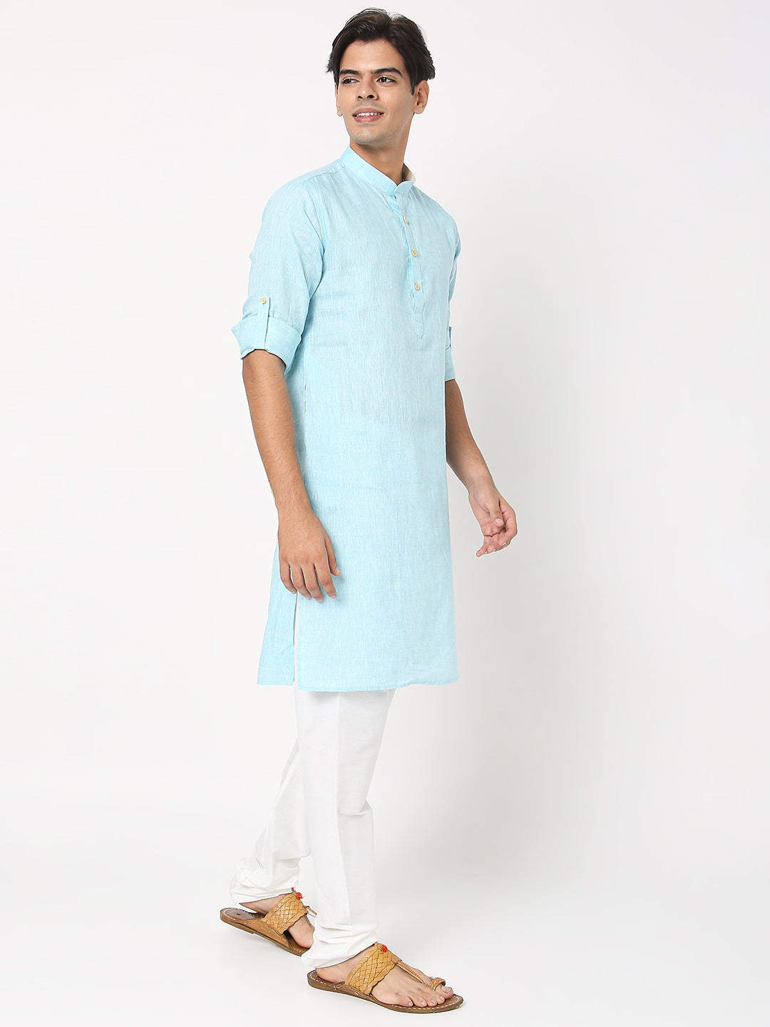 Matchles Men's Sky Blue Linen Solid Kurta