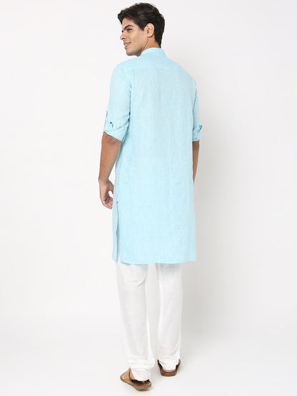 Matchles Men's Sky Blue Linen Solid Kurta