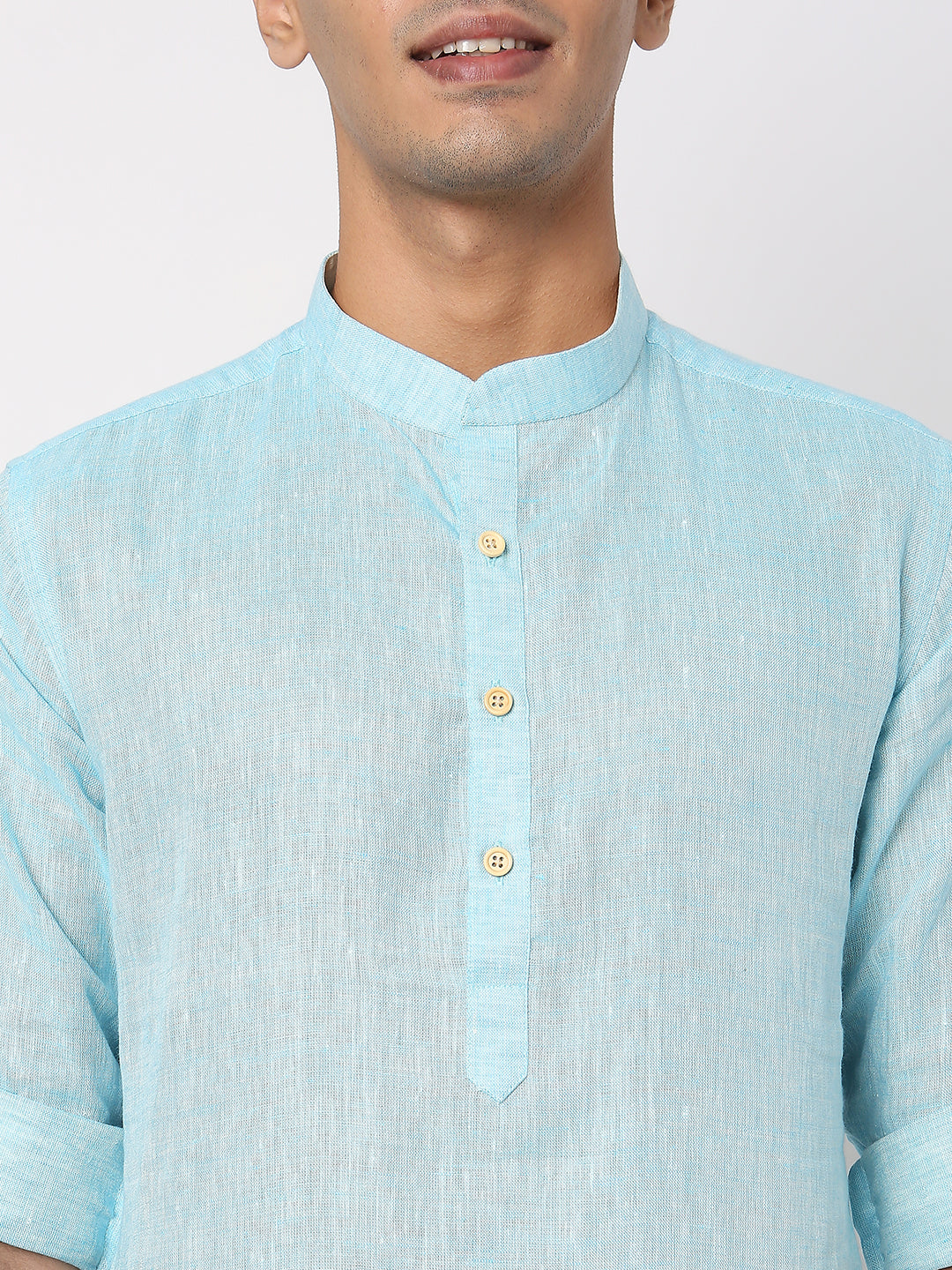Matchles Men's Sky Blue Linen Solid Kurta