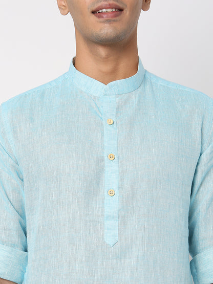 Matchles Men's Sky Blue Linen Solid Kurta
