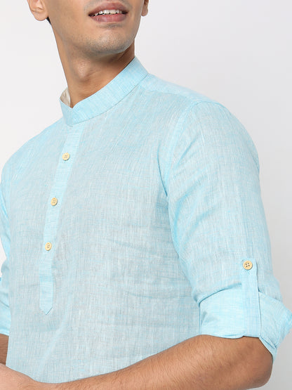 Matchles Men's Sky Blue Linen Solid Kurta