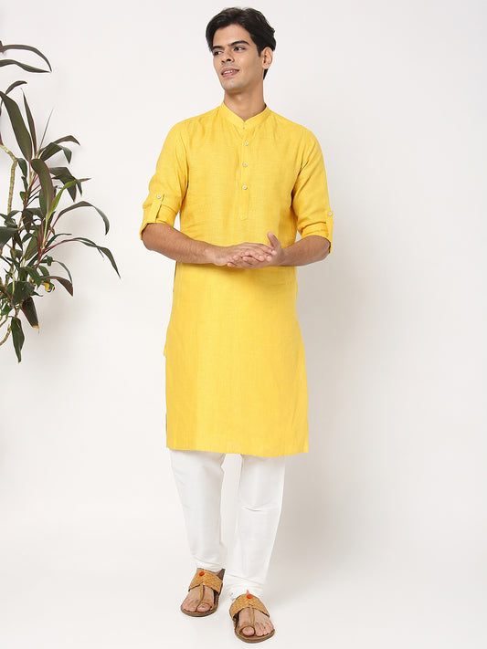 Matchles Men's Yellow Linen Solid Kurta