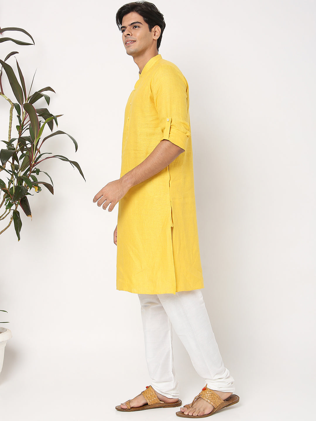 Matchles Men's Yellow Linen Solid Kurta