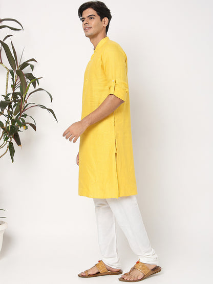 Matchles Men's Yellow Linen Solid Kurta