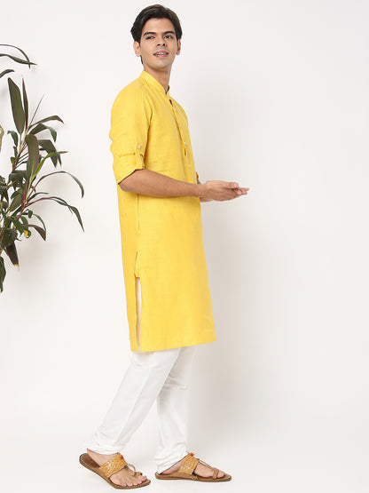 Matchles Men's Yellow Linen Solid Kurta