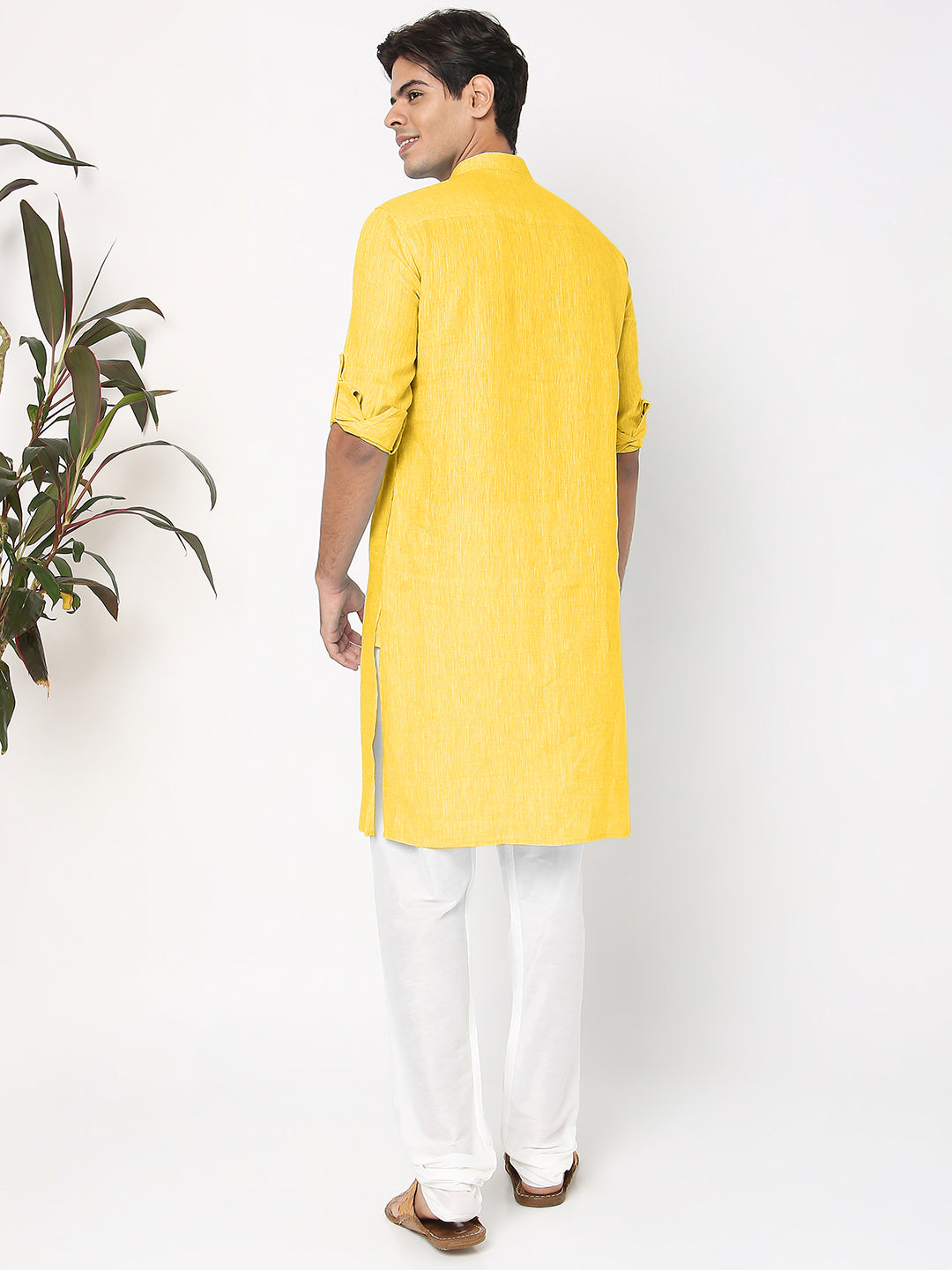 Matchles Men's Yellow Linen Solid Kurta