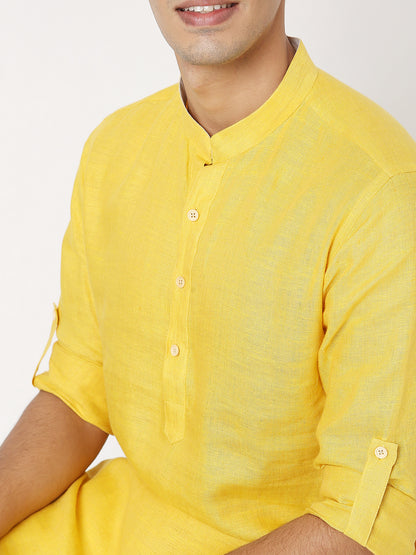 Matchles Men's Yellow Linen Solid Kurta