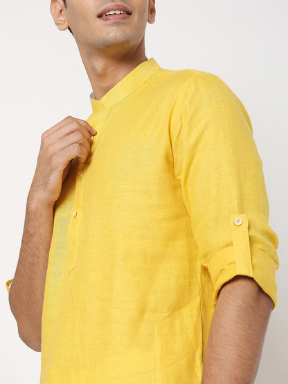 Matchles Men's Yellow Linen Solid Kurta