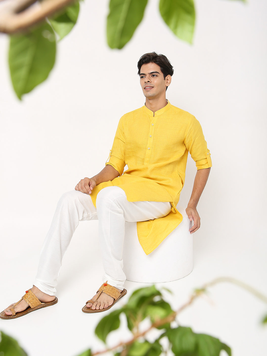 Matchles Men's Yellow Linen Solid Kurta