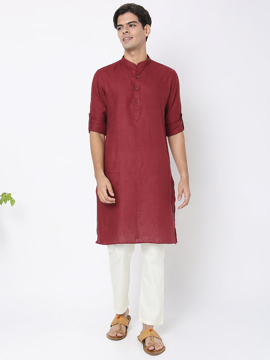 Matchles Men's Maroon Linen Solid Kurta