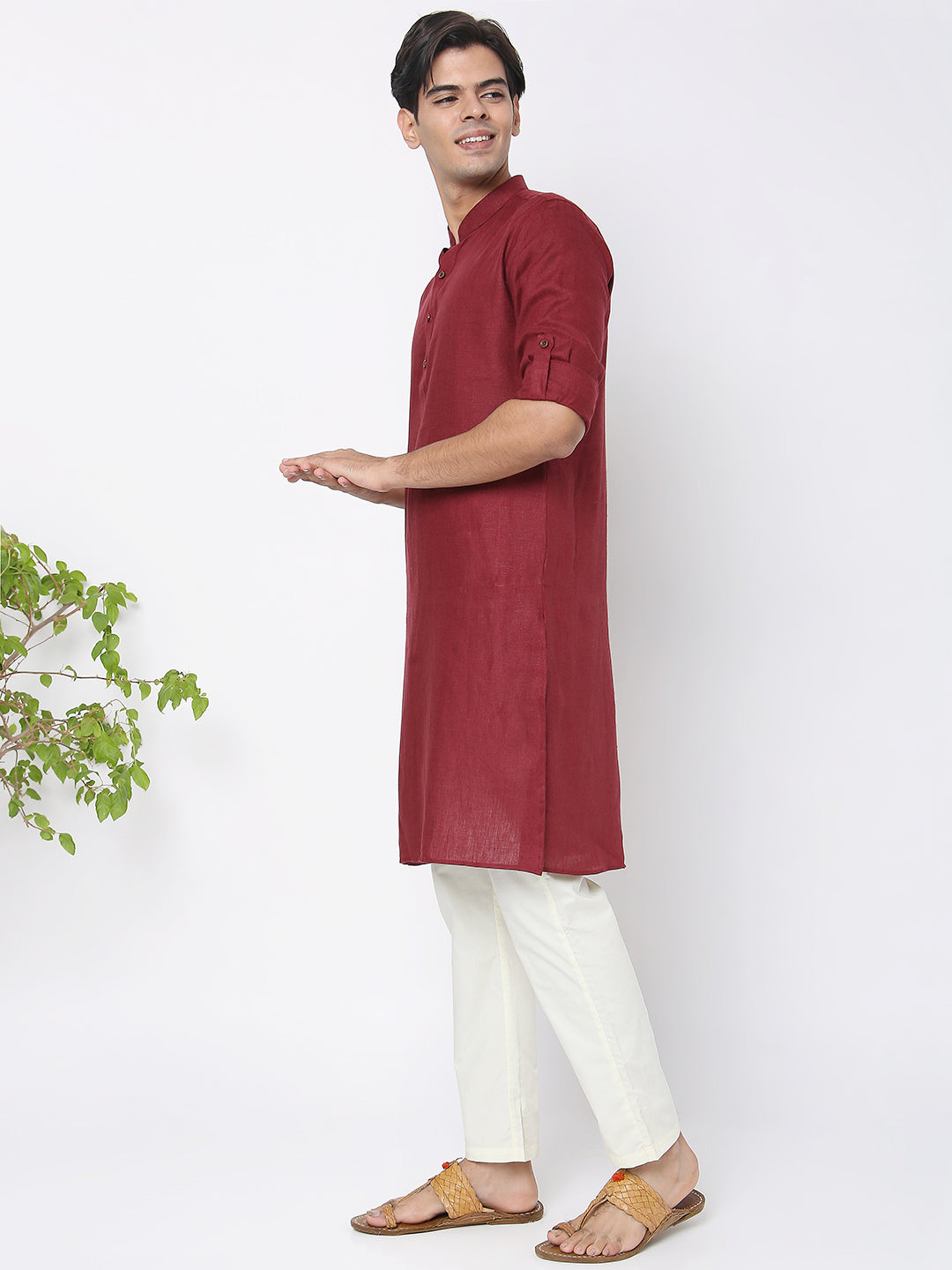 Matchles Men's Maroon Linen Solid Kurta