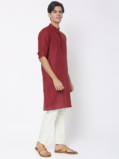 Matchles Men's Maroon Linen Solid Kurta