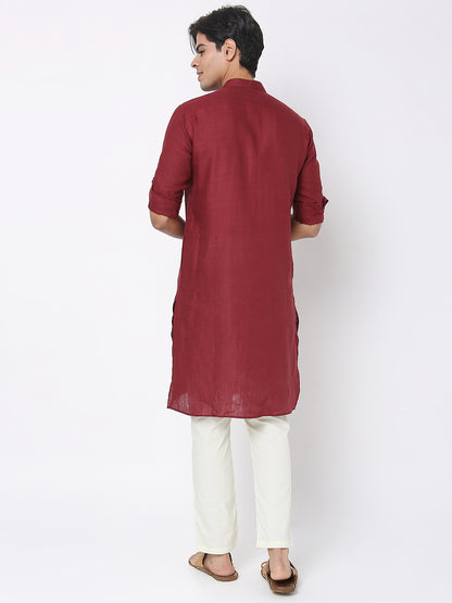 Matchles Men's Maroon Linen Solid Kurta