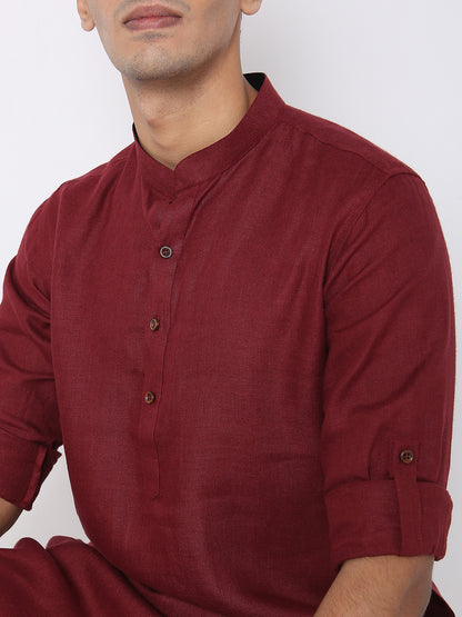 Matchles Men's Maroon Linen Solid Kurta