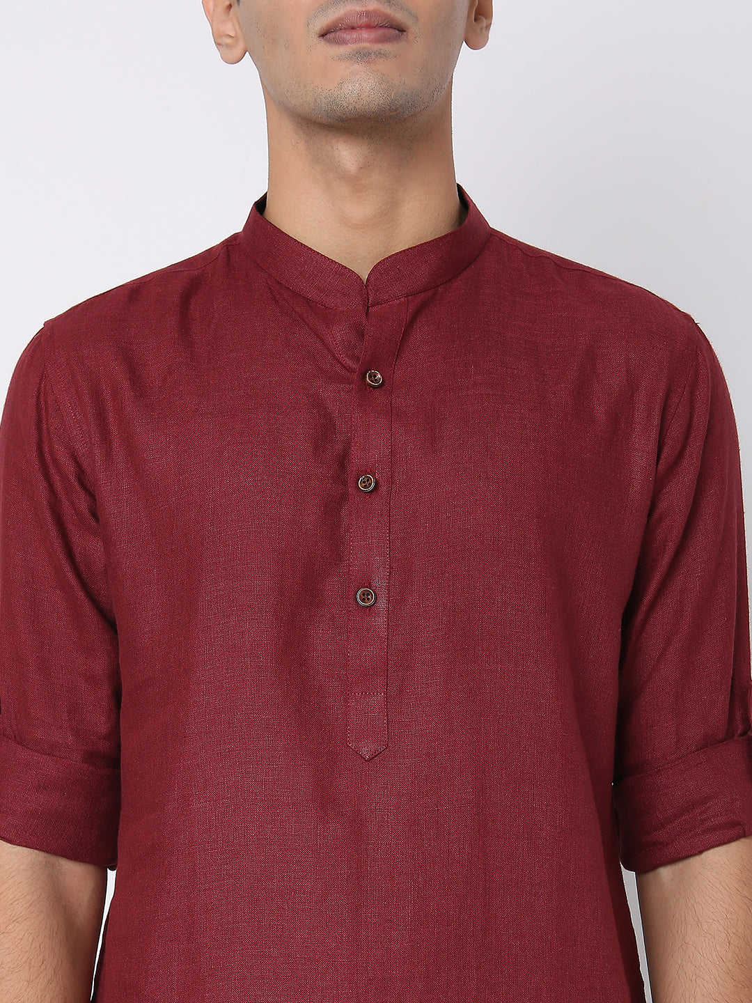 Matchles Men's Maroon Linen Solid Kurta
