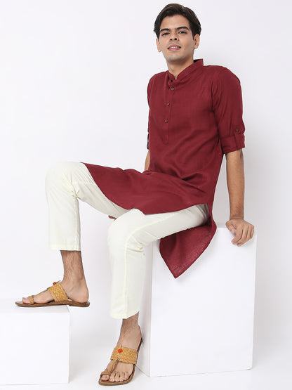 Matchles Men's Maroon Linen Solid Kurta
