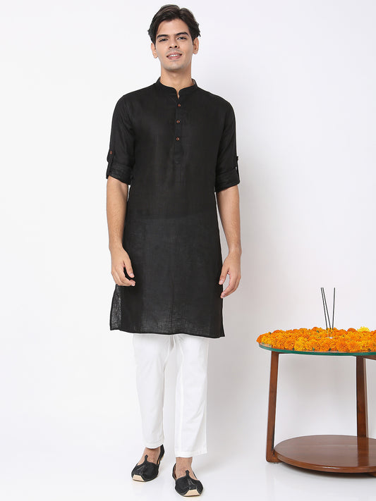 Matchles Men's Black Linen Solid Kurta