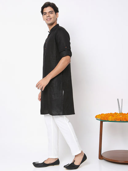 Matchles Men's Black Linen Solid Kurta