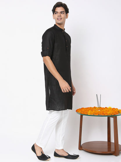 Matchles Men's Black Linen Solid Kurta