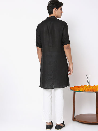Matchles Men's Black Linen Solid Kurta