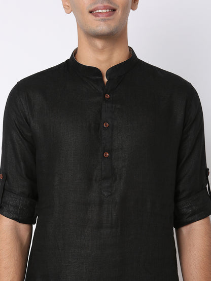 Matchles Men's Black Linen Solid Kurta