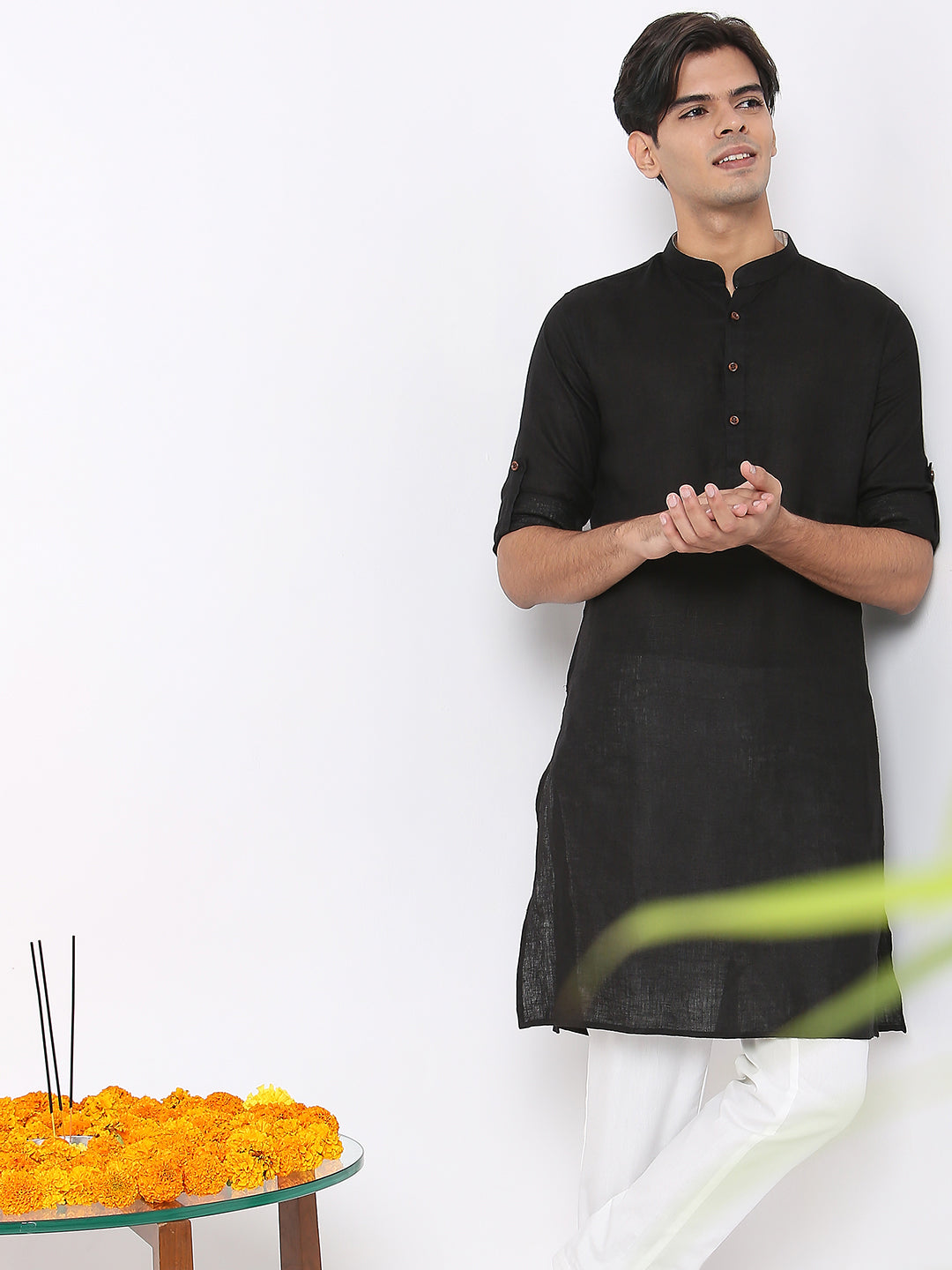 Matchles Men's Black Linen Solid Kurta