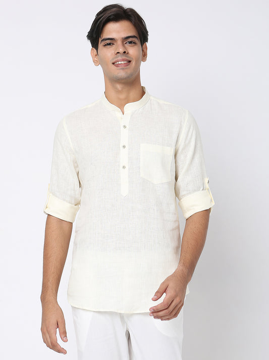Matchles Men's Off White Linen Solid Kurta