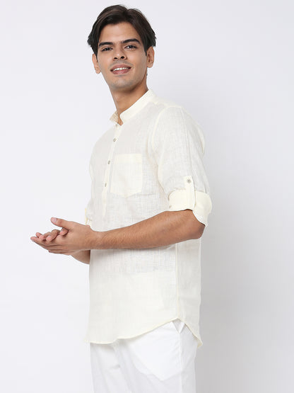 Matchles Men's Off White Linen Solid Kurta