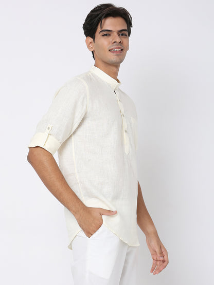 Matchles Men's Off White Linen Solid Kurta