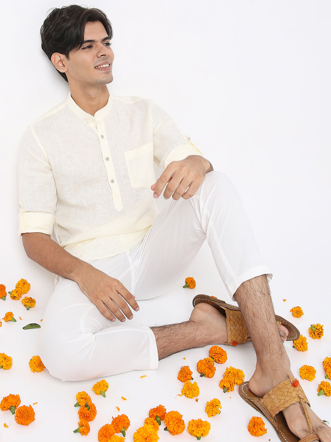 Matchles Men's Off White Linen Solid Kurta