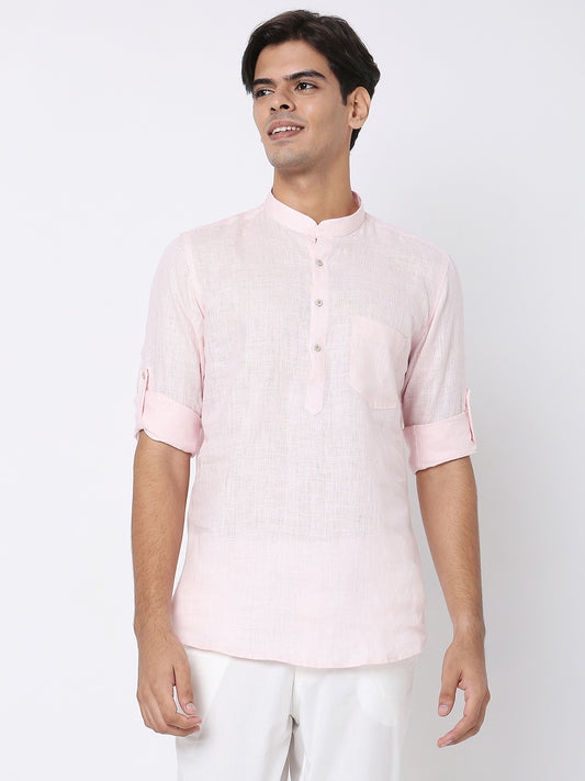 Matchles Men's Pink Linen Solid Kurta