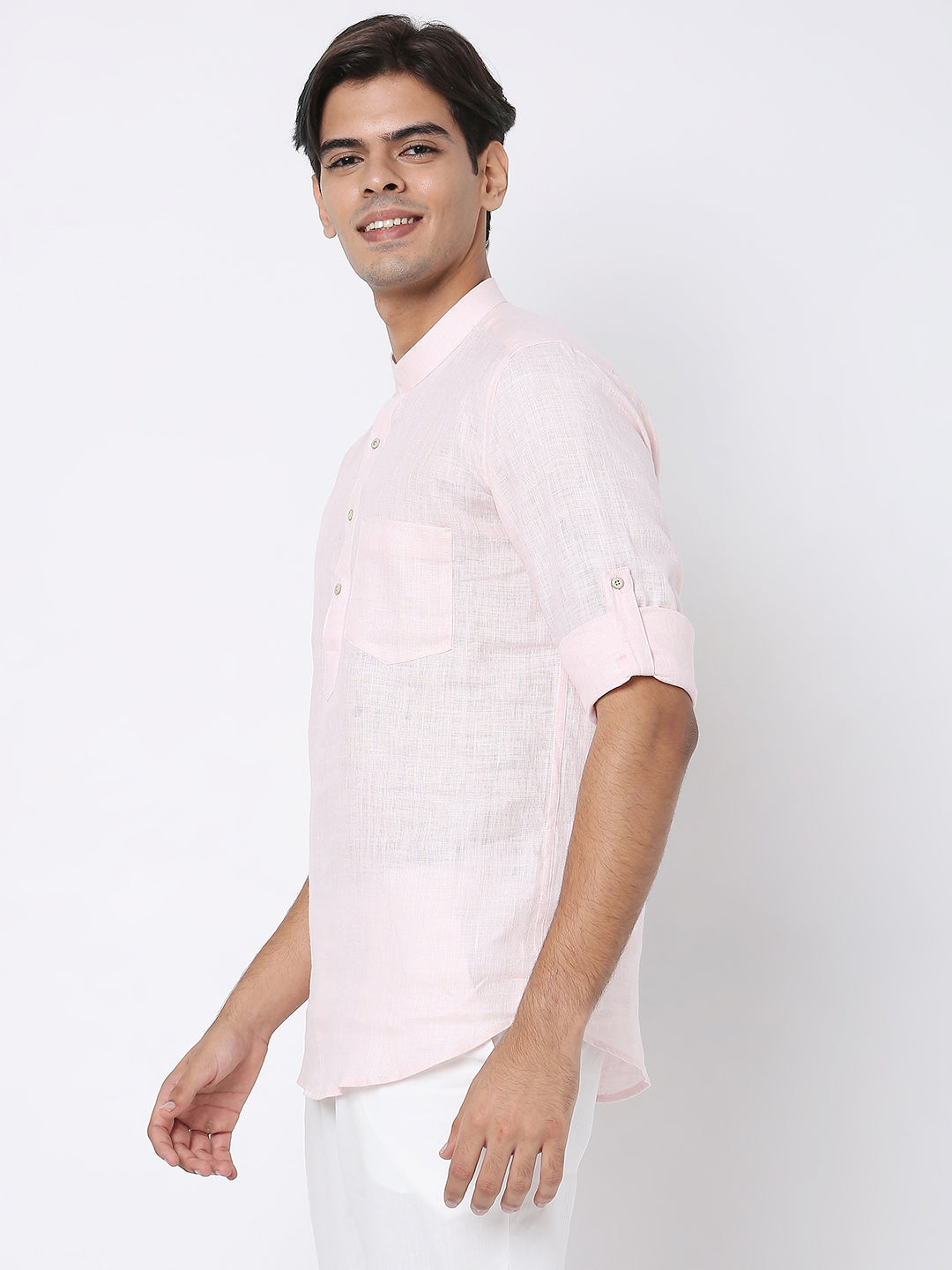Matchles Men's Pink Linen Solid Kurta