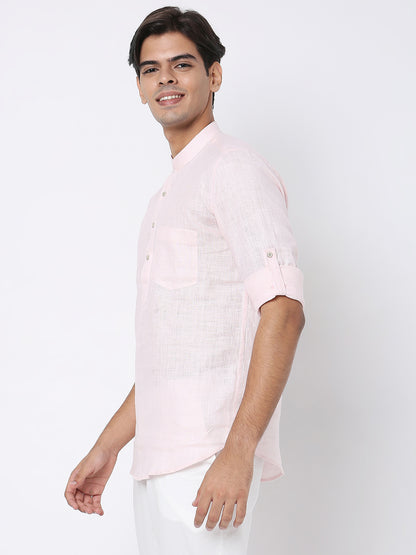Matchles Men's Pink Linen Solid Kurta